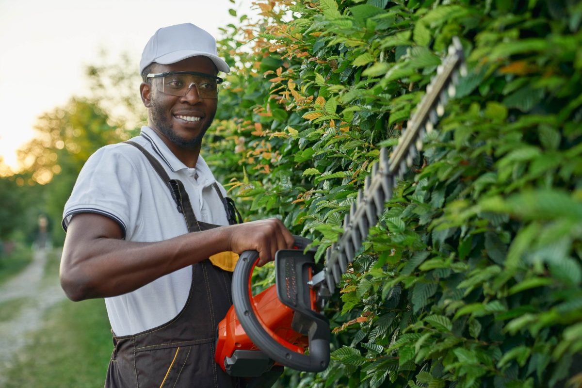 smiling-afro-gardener-using-hedge-trimmer-cutting-bushes-min